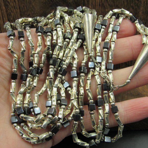 32" Sterling Silver Very Long Hematite Stone Necklace Vintage - Picture 3 of 7